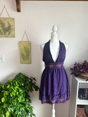 Marciano Purple Silk embroidery halter Mini Dress